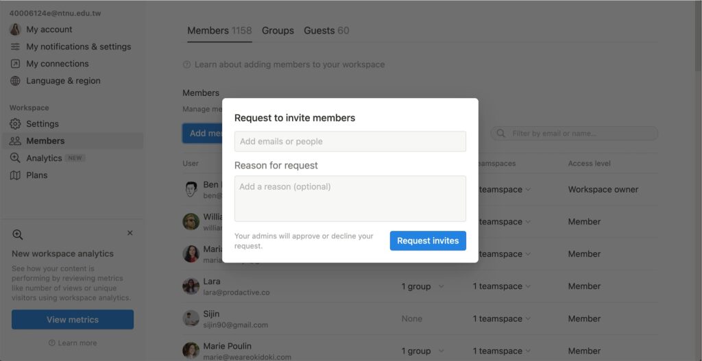 輸入想要邀請的夥伴 Notion 帳號,將夥伴邀請至 Workspace