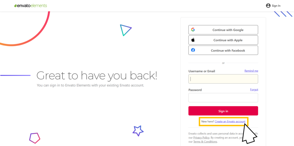 點選「Create an Envato account」