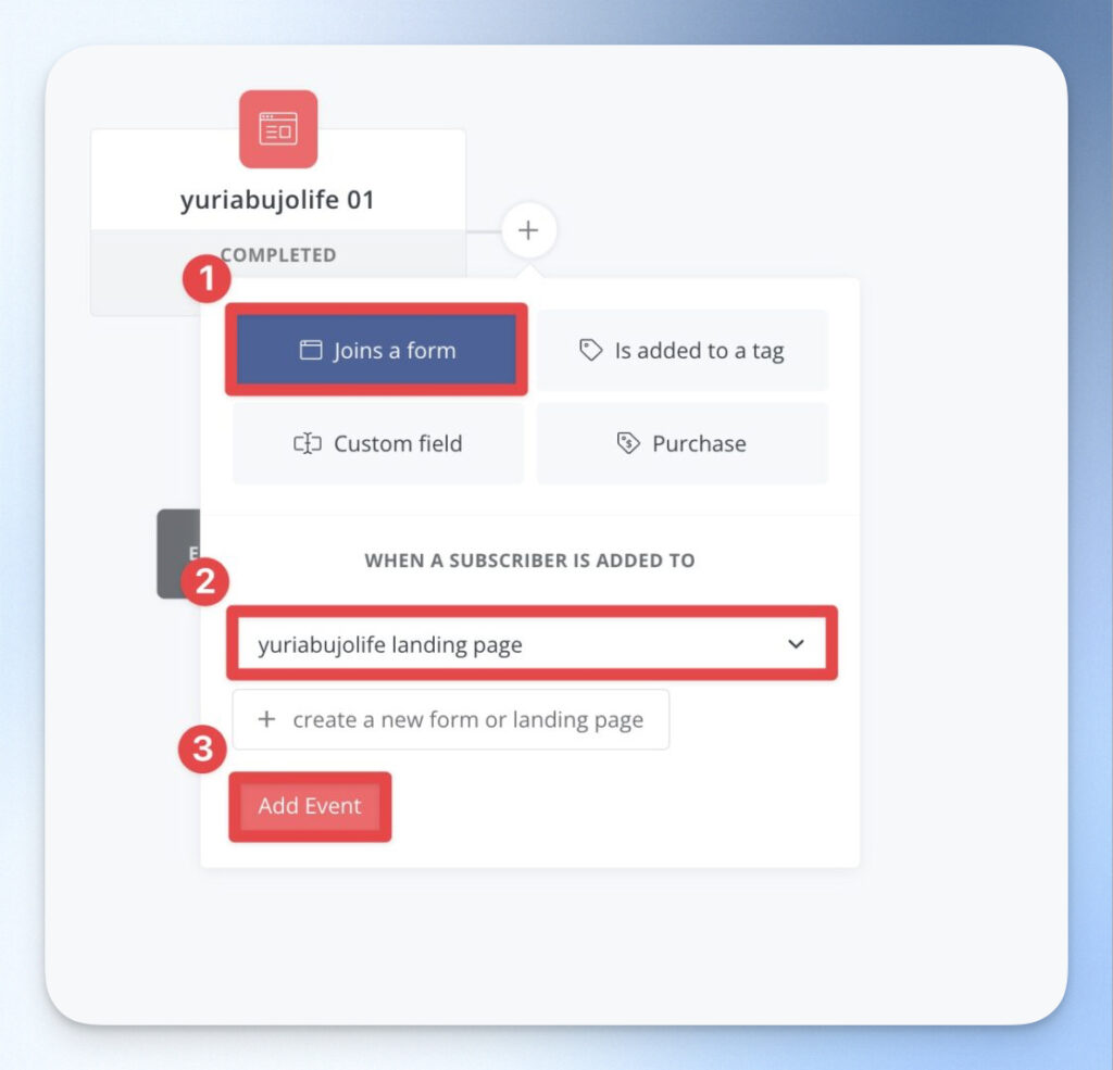 選擇剛剛建立的登錄頁面「yuriabujolife landing page」，完成後點擊「Add Event」