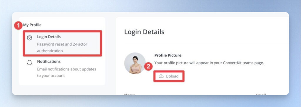 點擊左邊欄位的「Login Details」，到 Profile Picture 上傳更換大頭貼