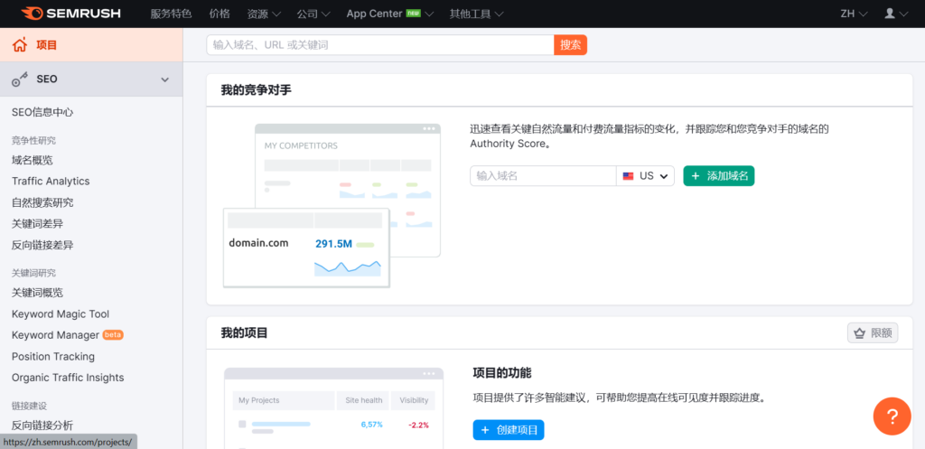 登入帳號,進入 SEMrush 儀表板,選左上角的「項目」