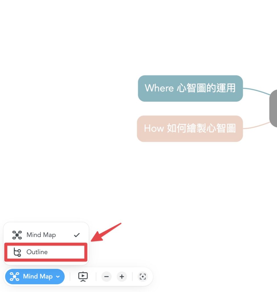 點擊右下角藍色的 Mind Map ,選擇「Outline」轉成大綱模式