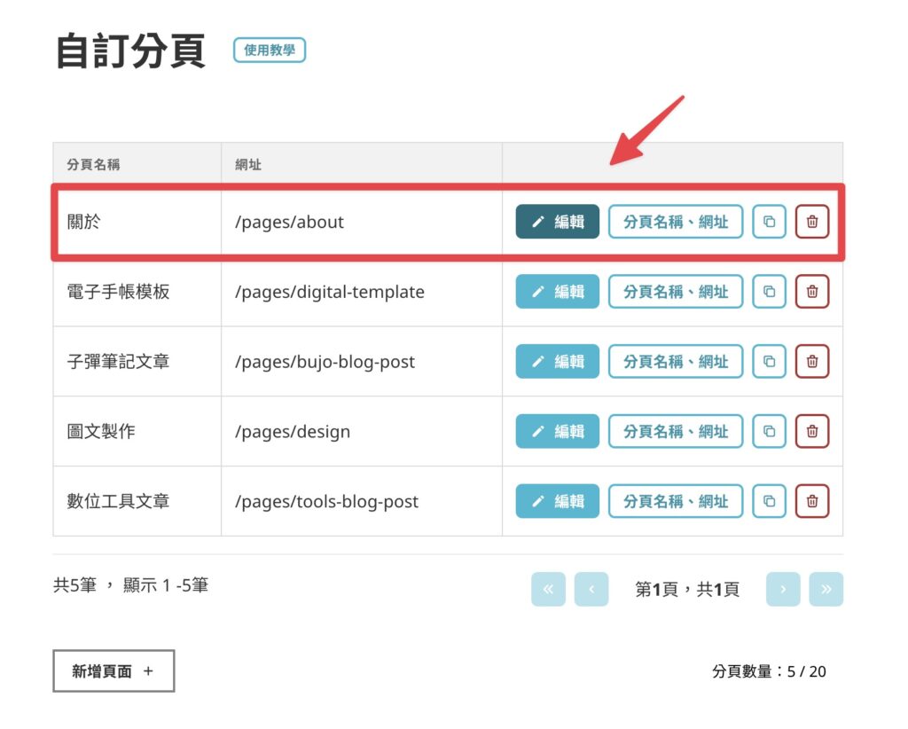 點擊關於的「編輯」按鈕