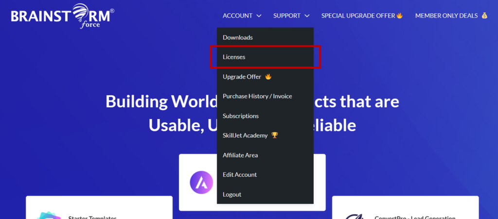 回到 Astra 帳戶頁面,點選上方工具列「Account > License」