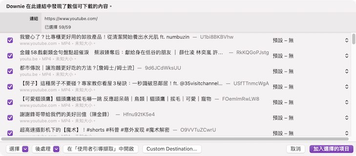 Downie app 會自動幫你讀取可下載的影片,勾選後就可以直接下載!
