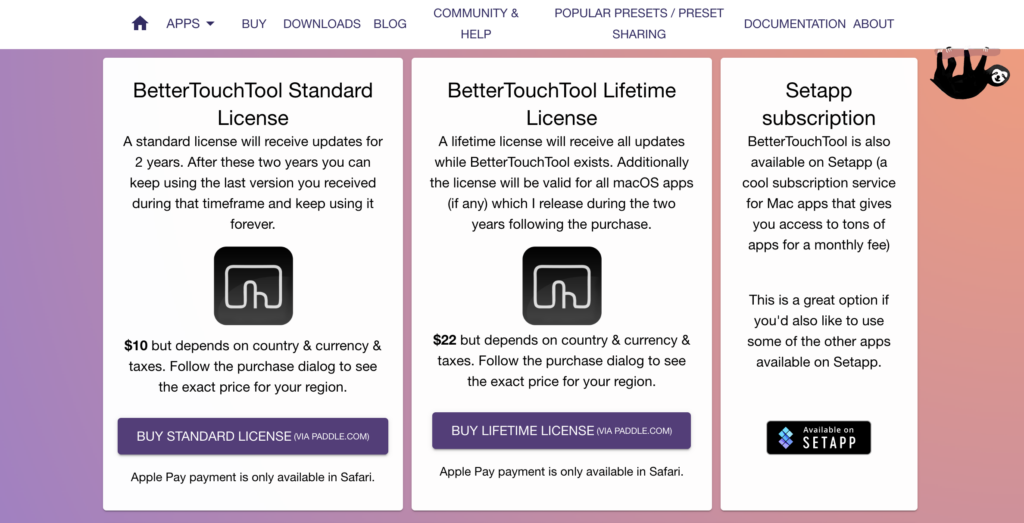 BetterTouchTool 官網購買方案