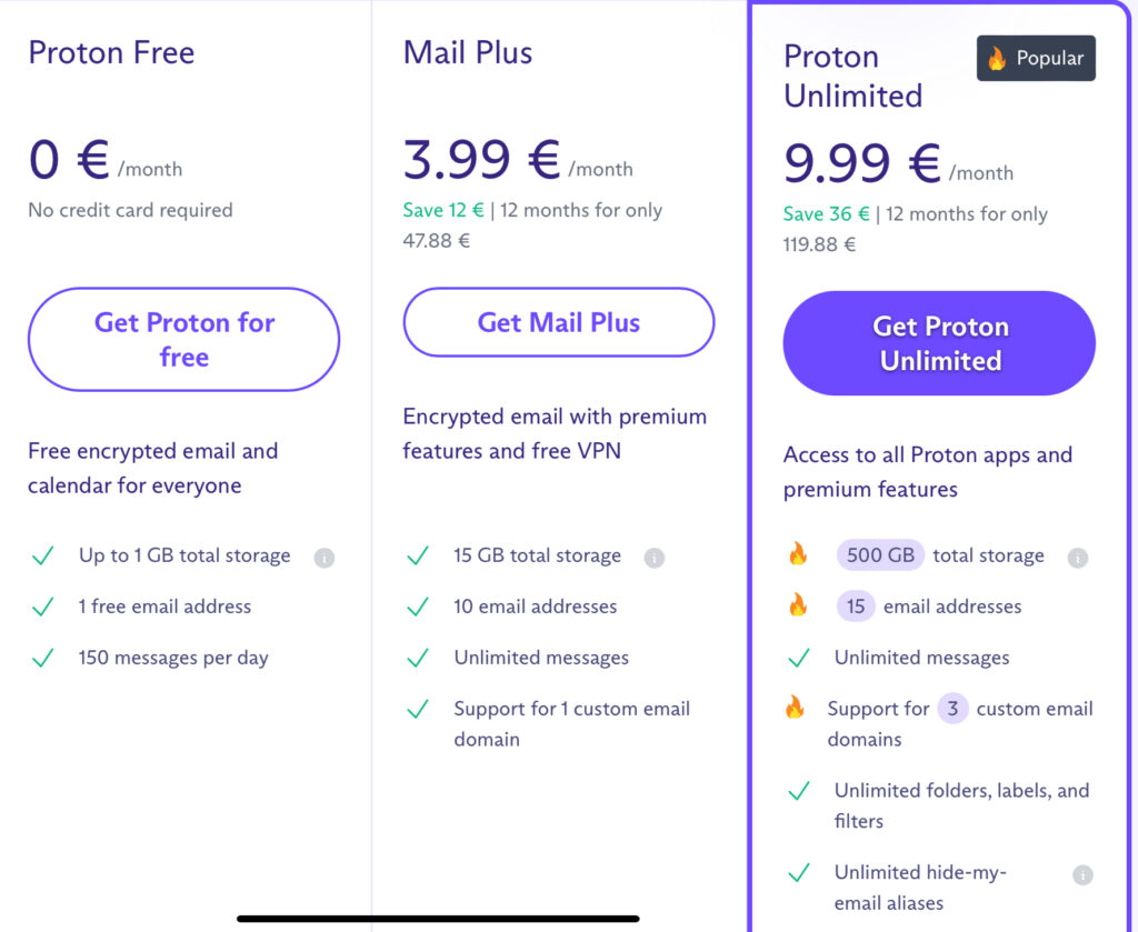 Proton Mail 個人用價格方案