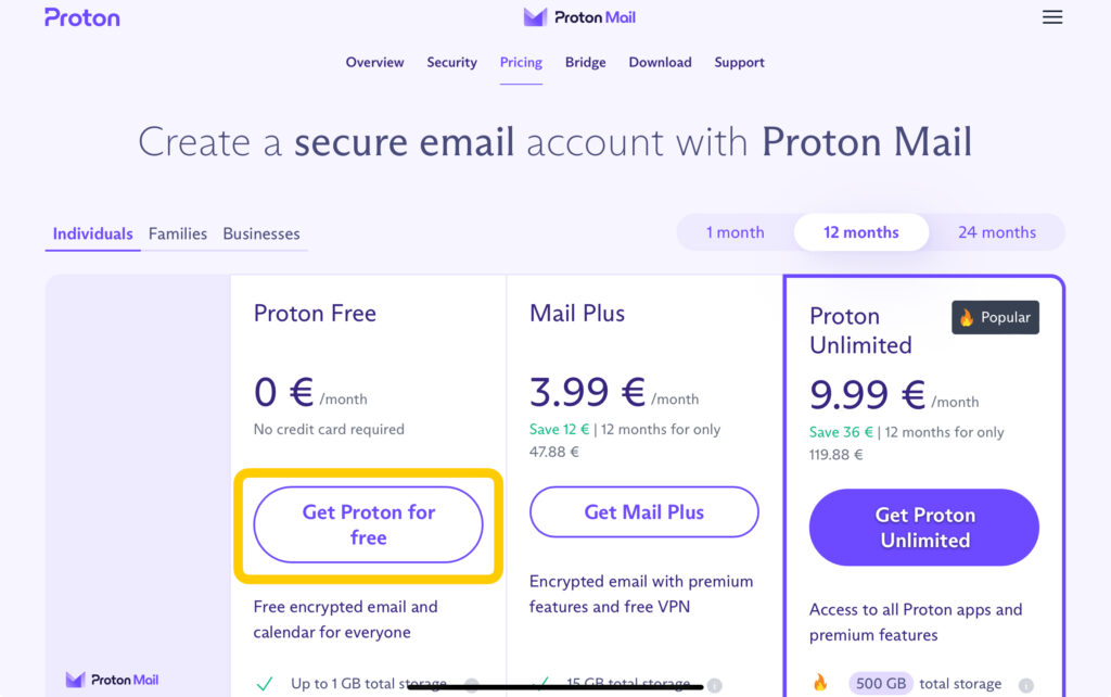 選擇「Get Proton for free」,即可開始創建免費信箱