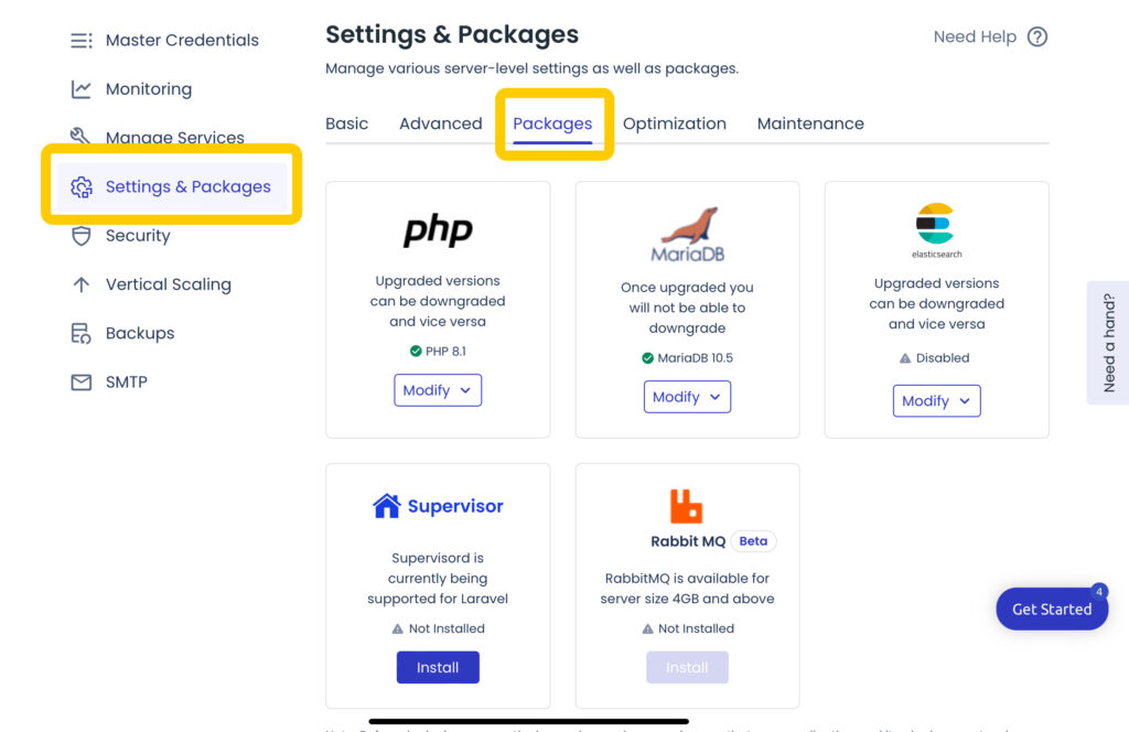 點擊左側工作列「Settings & Packages」，選擇「Packages」分頁，依照 WP 的架站環境需求，設定對應的版本，這樣主機就設定完成囉！