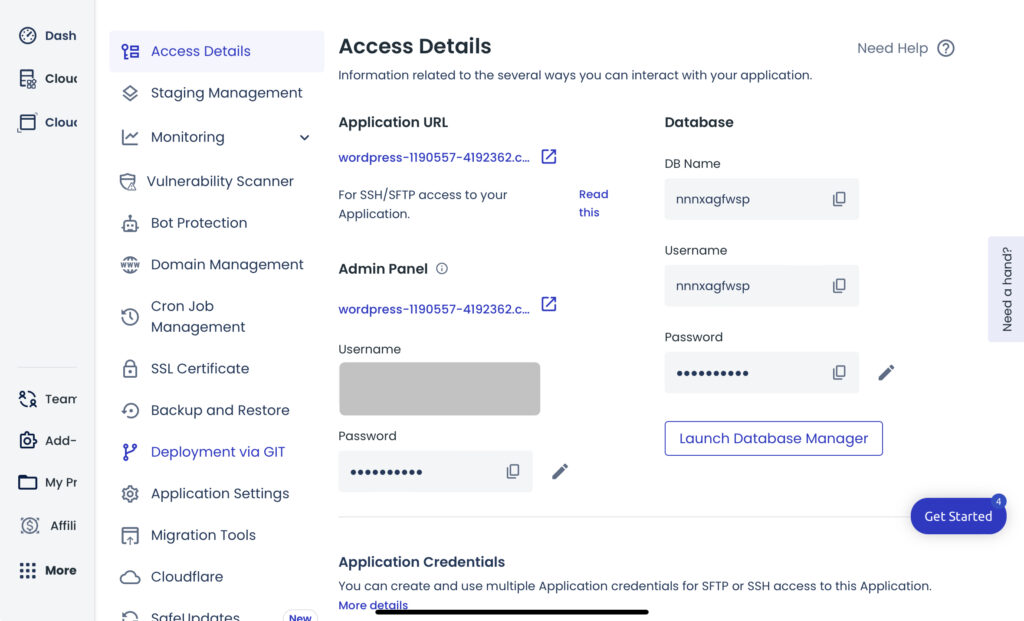 這邊會顯示剛剛建立的 WordPress 網站資訊，目前網站網址是Cloudways 自動產生的網址