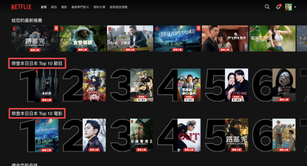 開啟 Netflix 網頁，登入帳號後，看到網頁上寫「日本 Top 10」，就表示成功解鎖了日本的 Netflix！