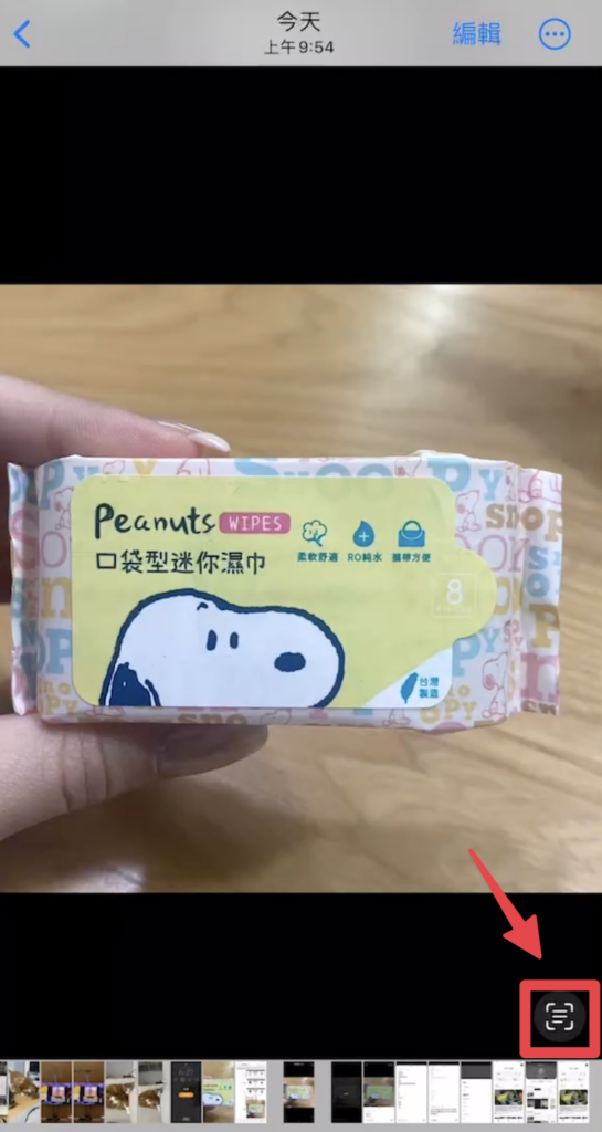 開啟 iPhone 相簿,選擇要轉成文字的圖片,點擊右下角的小圖示