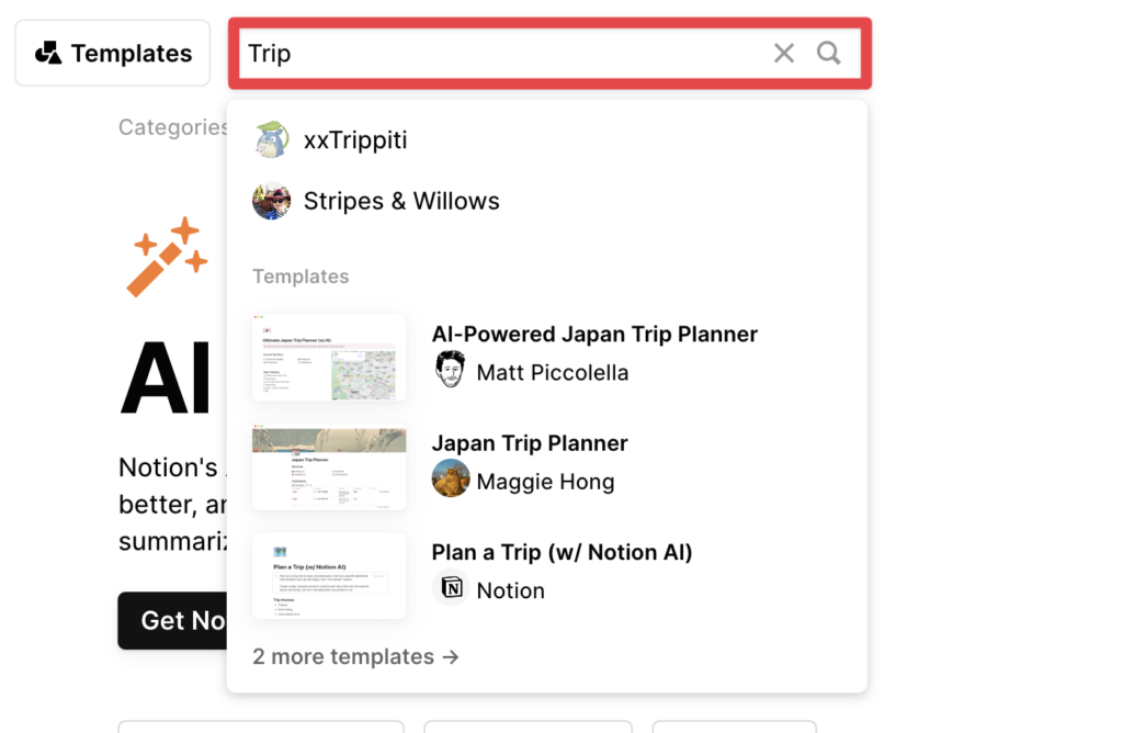 搜尋欄位中輸入「Trip」,尋找與旅遊相關的模板