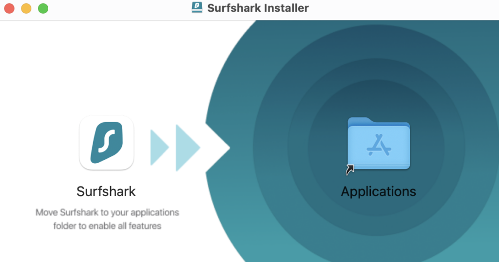 打開安裝檔，將 Surfshark 安裝檔拖曳到右側資料夾，開始安裝