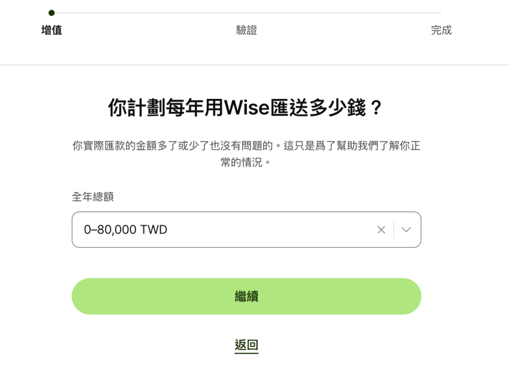 選擇預計每年用 Wise 匯送多少錢