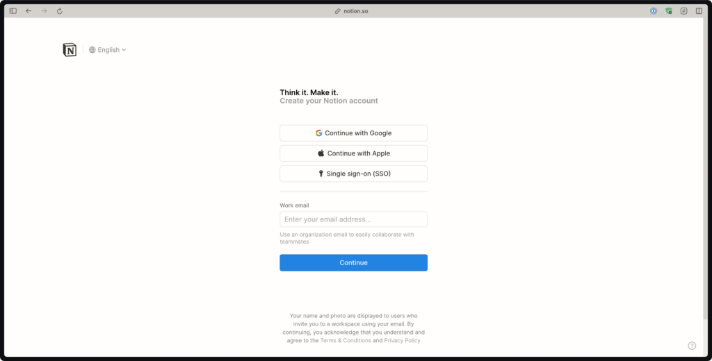 畫面上有三種不同選項的 Notion 登入方式