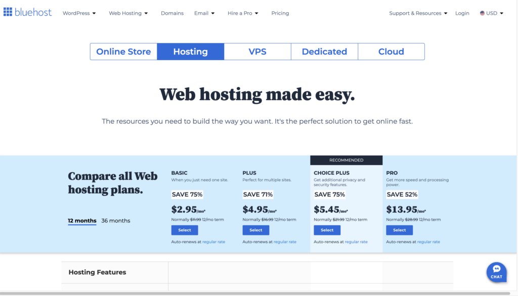 Bluehost 價格方案