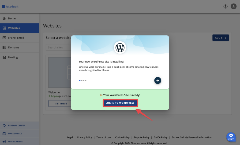 進入到 Bluehost 後台，點選左側選單 Websites，可以看到架設指示，點擊「LOG IN TO WORDPRESS」