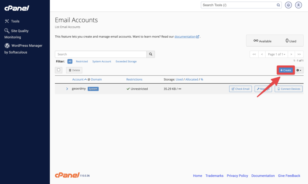 進入到 cPanel Email 後台後，點擊右側「Creat」