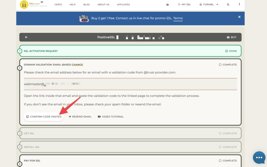 回到 SSLs.com 頁面，點擊「CONFIRM CODE PASTED」