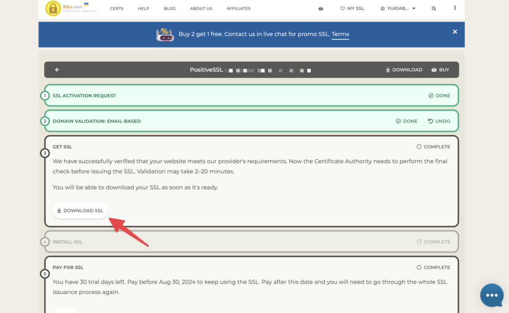 確認後，就可以看到「DOWNLOAD SSL」的按鈕出現，點擊下載 SSL 檔案