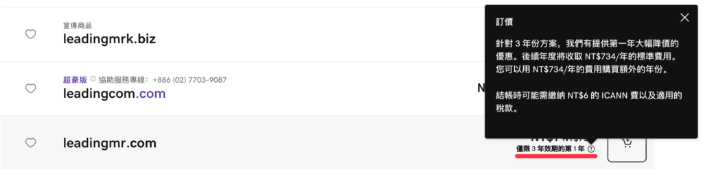 GoDaddy 價格標示