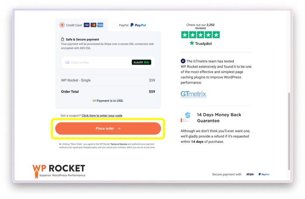 WP ROCKET 付款頁面