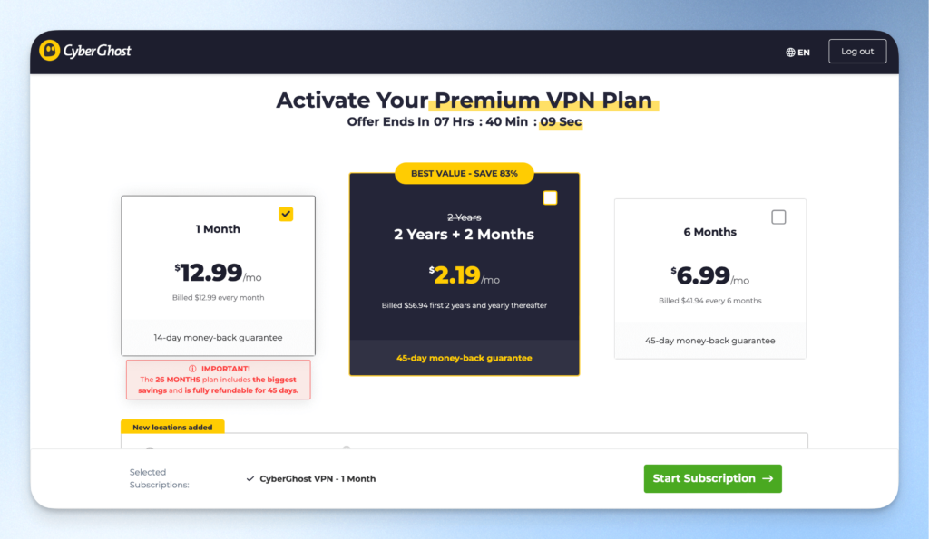 CyberGhost VPN 價格方案