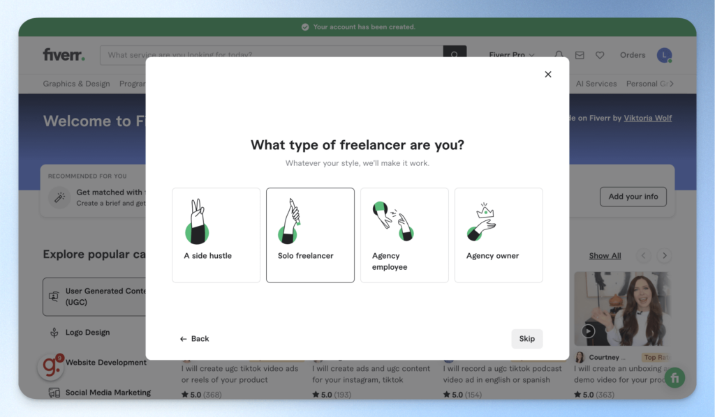 Fiverr 註冊教學:選擇接案者類型