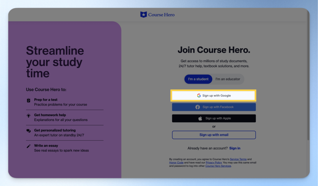 使用 Google 帳號於 Course Hero 註冊