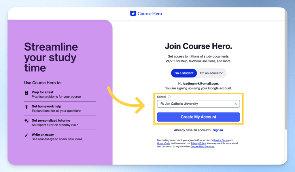 在 Course Hero 設定學校