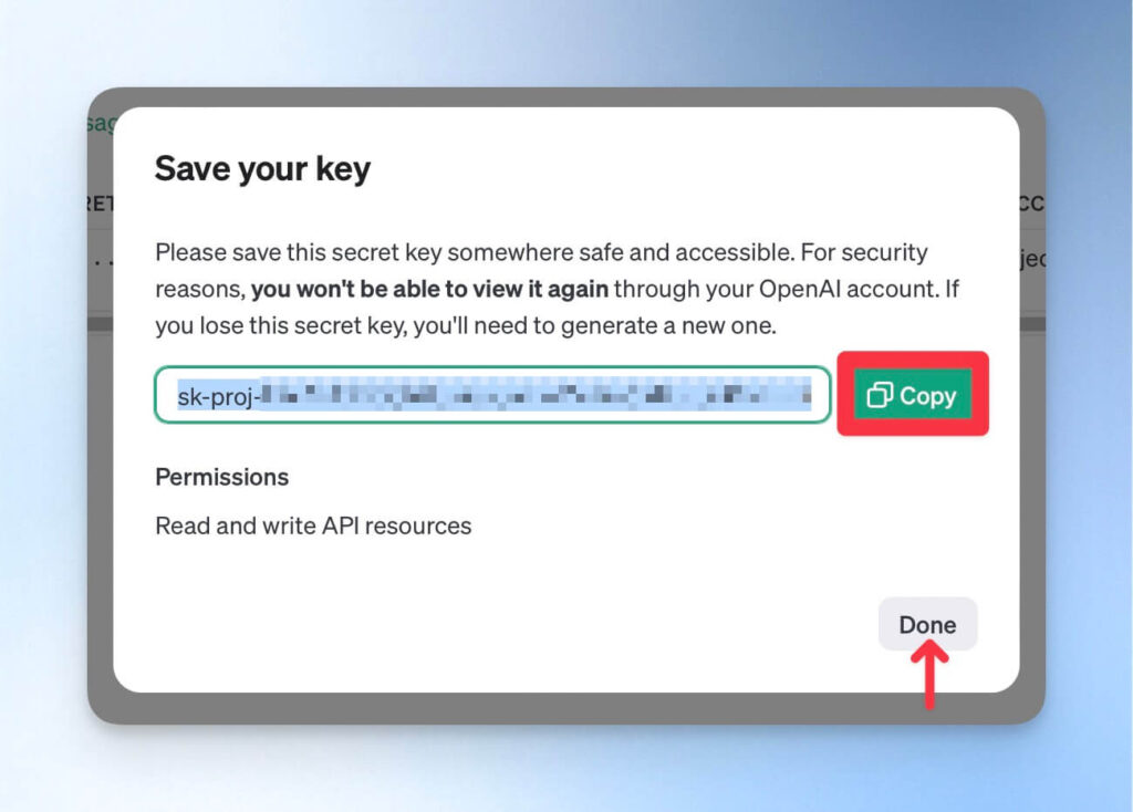 複製並儲存 OpenAI key