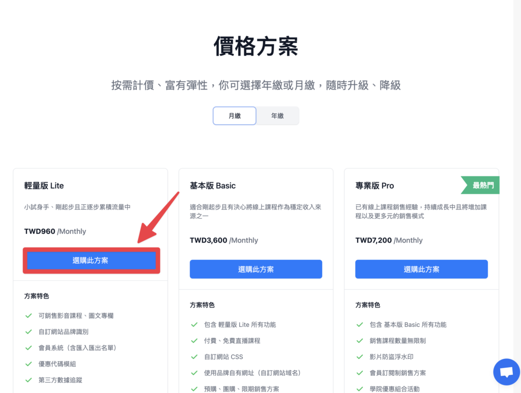 選擇方案價格後，點擊「選購此方案」