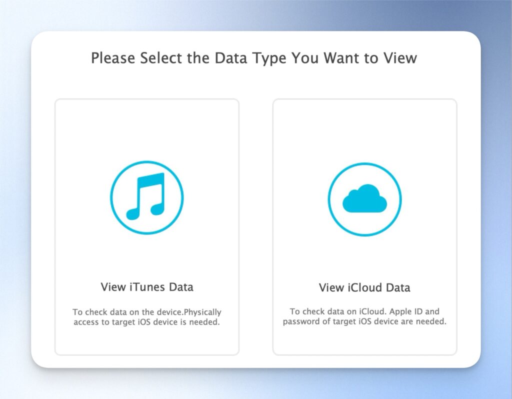 選擇你所要追蹤的數據類型，左邊為「iTubes 裝置數據」，右邊為「iCloud 雲端數據」，這邊以裝置數據做示範