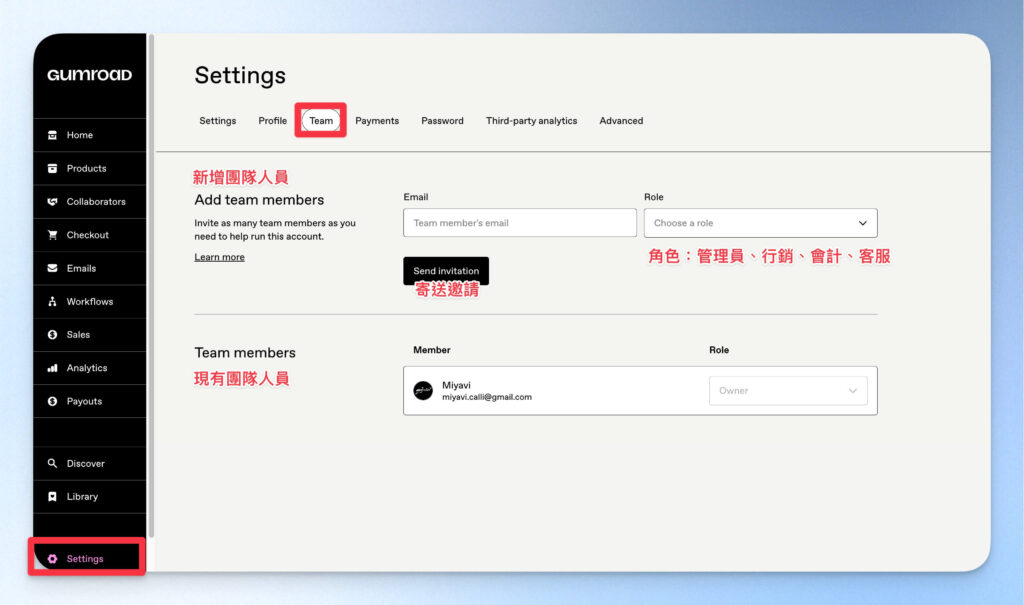 Gumroad 團隊成員設定