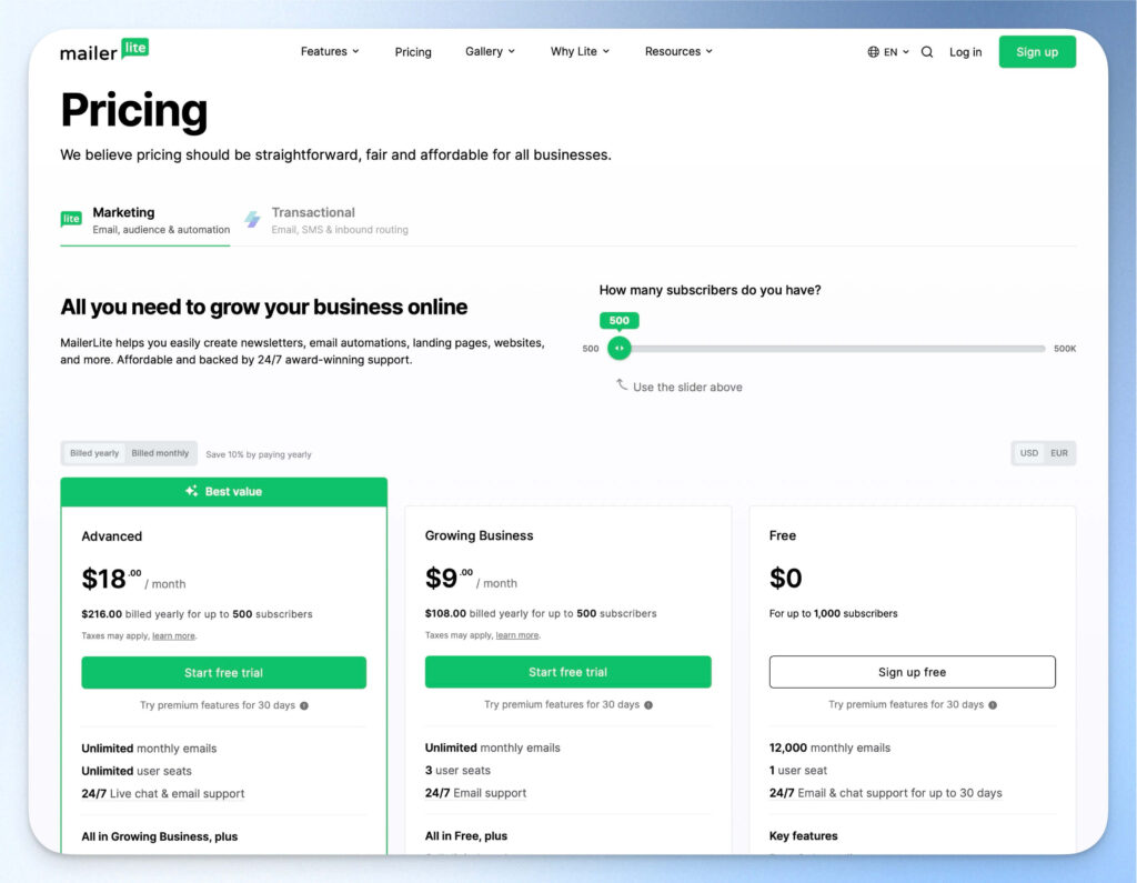 MailerLite 價格方案
