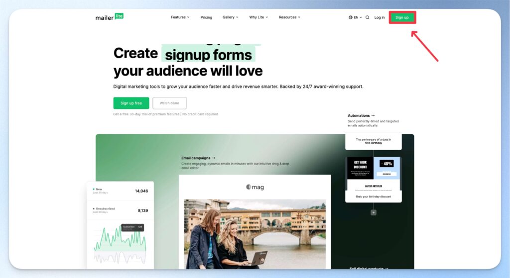 前往 MailerLite 官網點擊 Sign Up