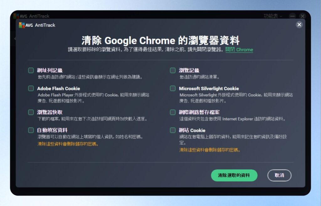 AVG AntiTrack 瀏覽器清理項目