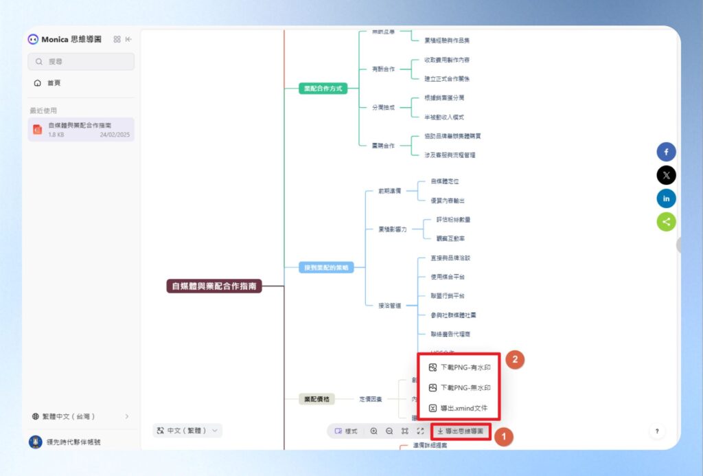 點擊導出思維導圖,可另存成 .png 與 .xmind 檔案。