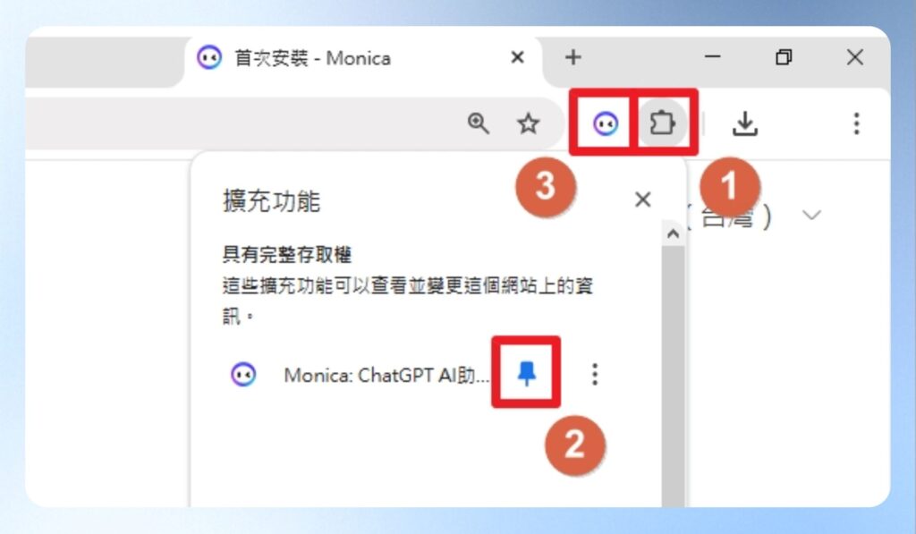 可將 Monica AI 釘選到 Chrome 的工具列上,先點選擴充套件的圖示,再按釘選,Monica AI 就會出現工具列上。