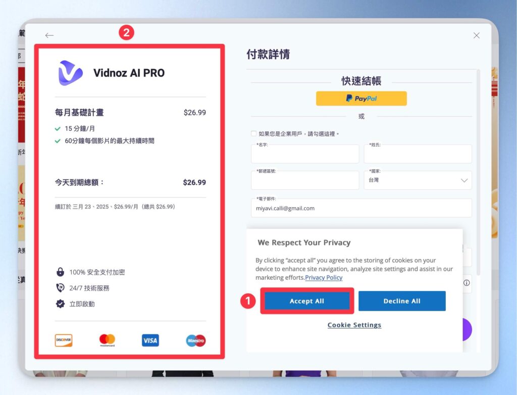 Vidnoz AI 結帳頁面