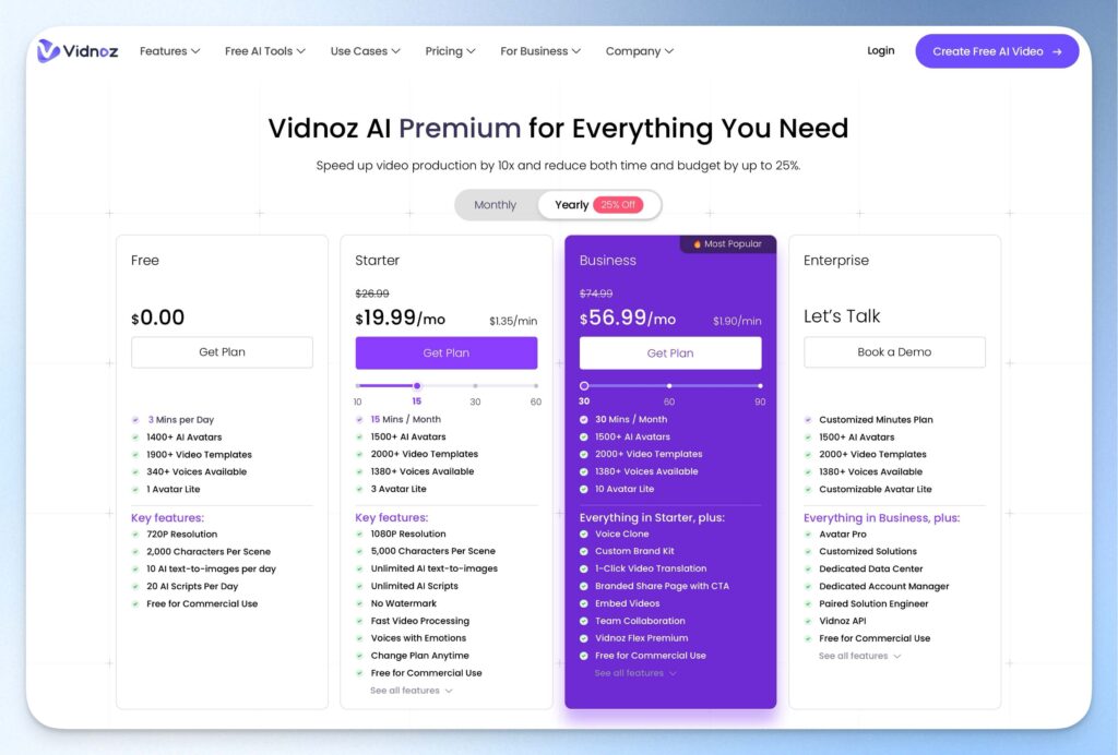 Vidnoz AI 價格方案