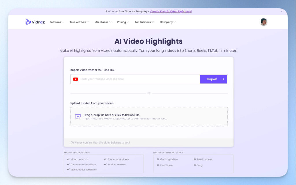 Vidnoz AI 影片精華生成器