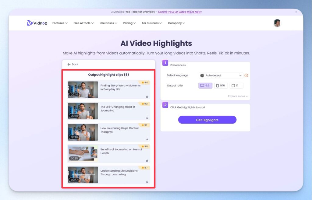 Vidnoz AI 精華片段選擇