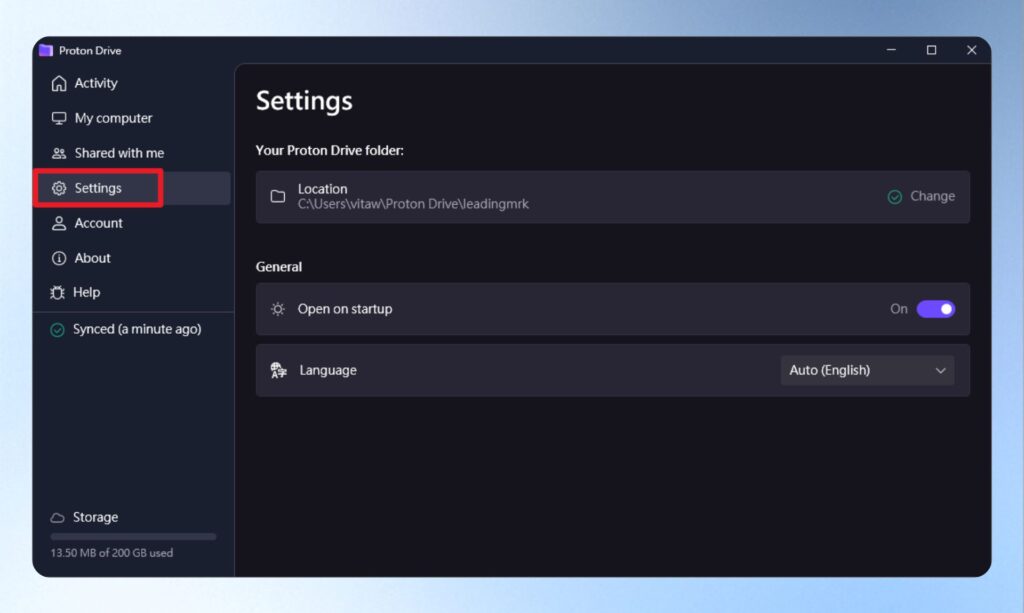 Proton Drive  Settings 畫面