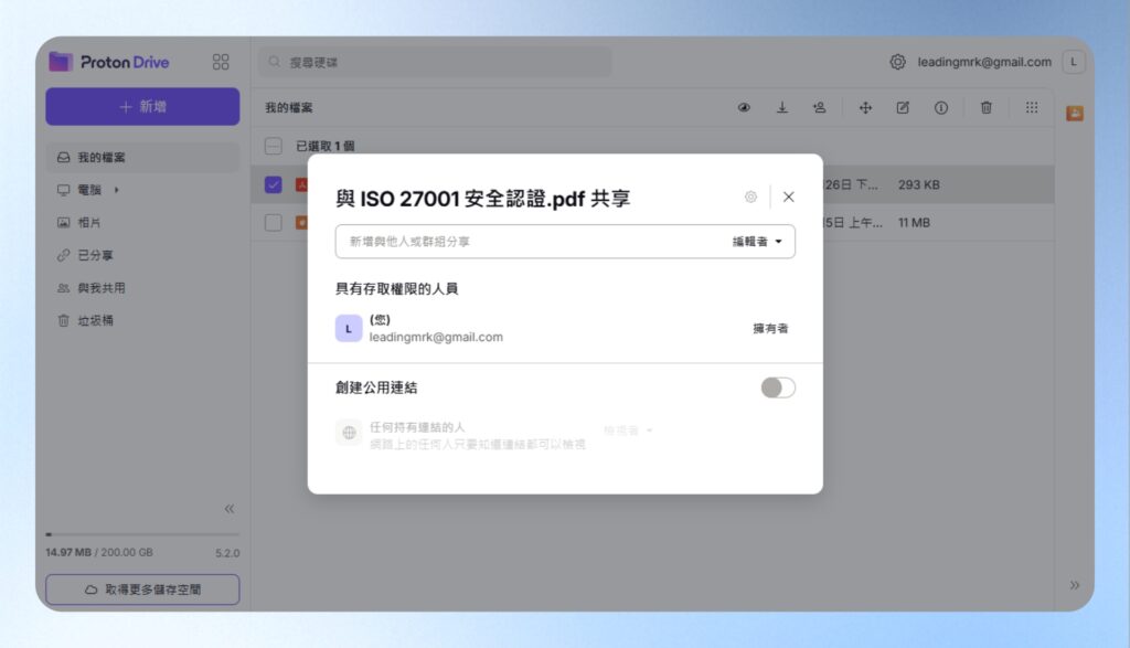 Proton Drive 檔案共享設定畫面