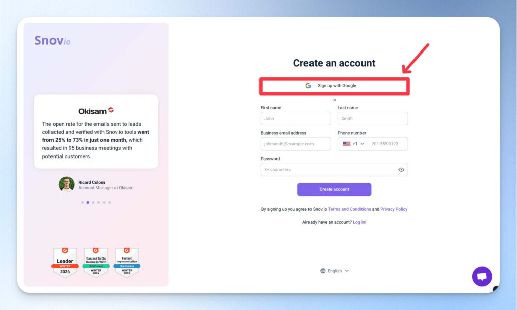 使用 Google 現有帳號來註冊 Snovio