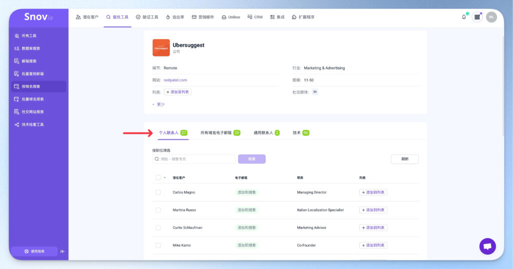 Snovio 域名搜尋結果