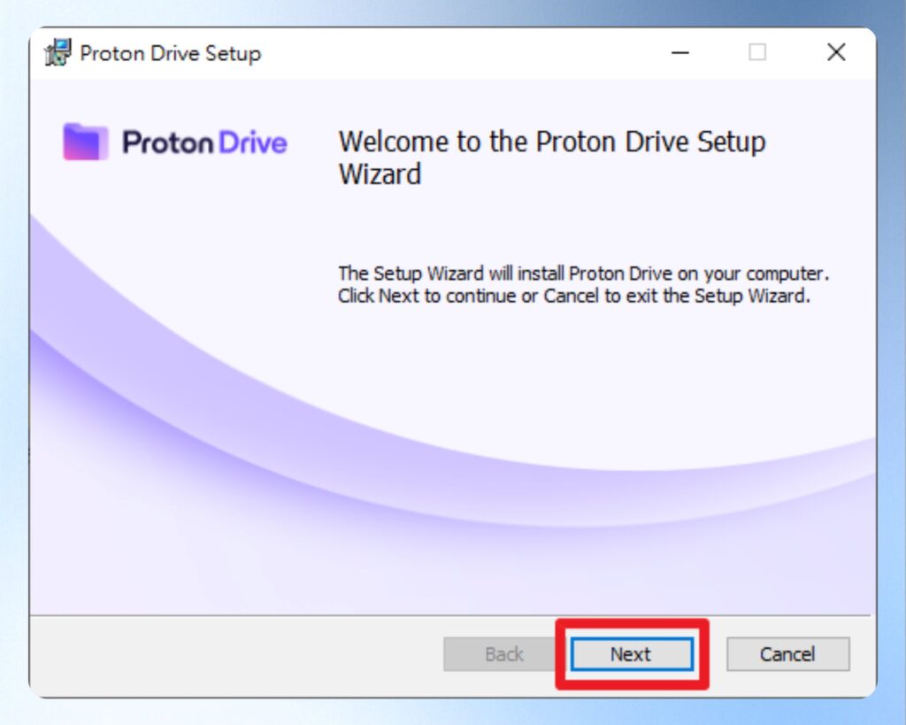 Proton Drive 電腦版安裝歡迎畫面
