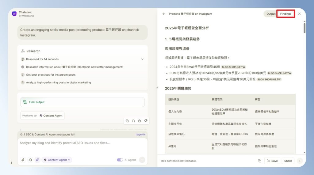 查看 Writesonic Chatsonic 的分析結果